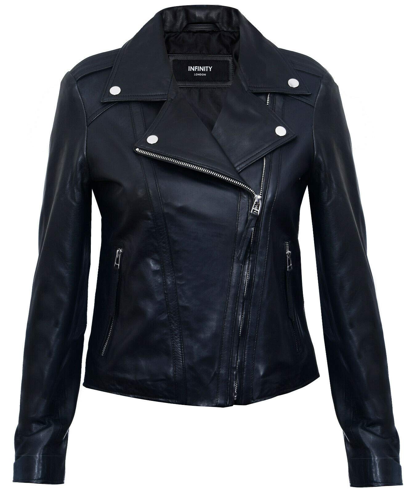 Ladies Womens Black Real Leather Fitted Vintage Biker Style Zip